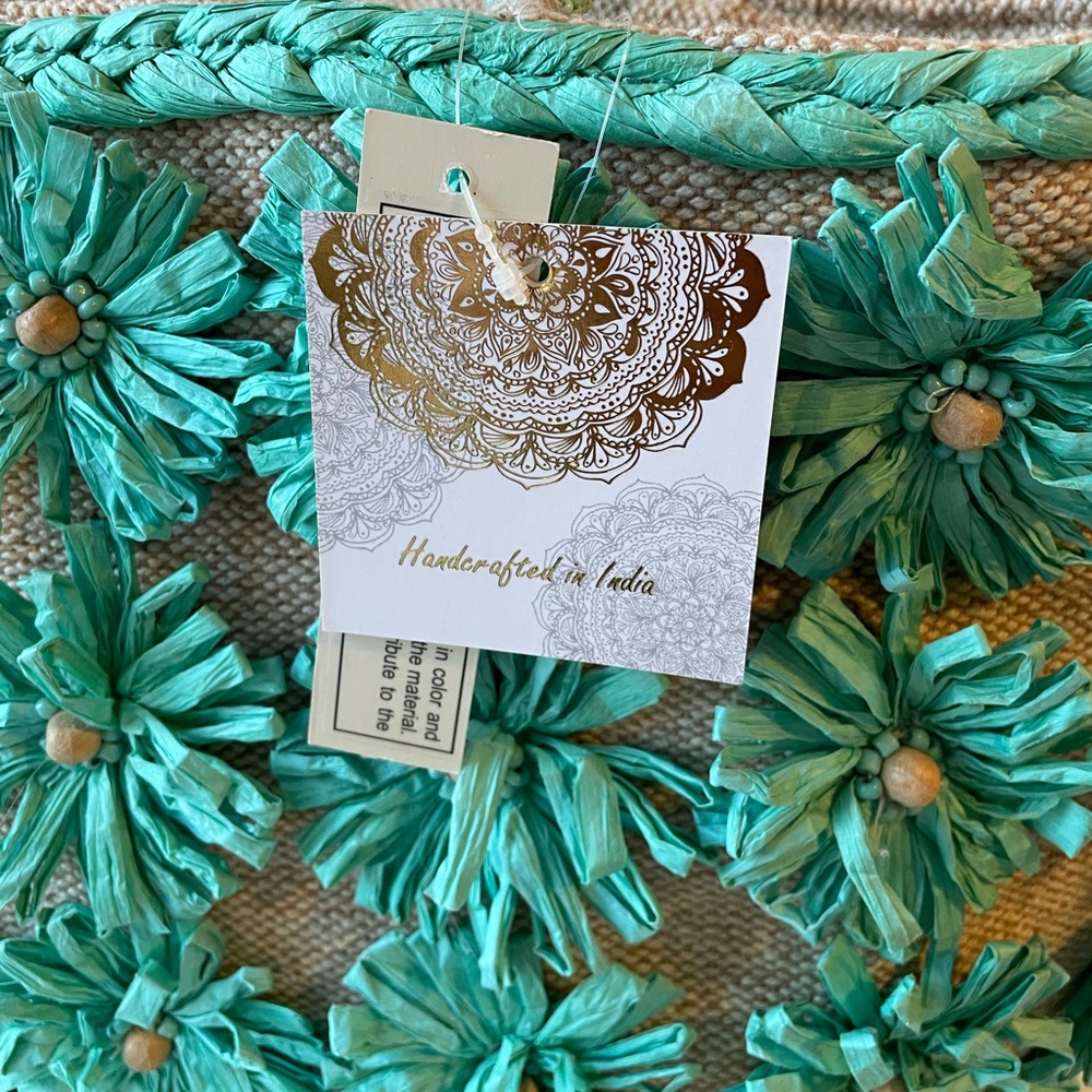 NWT Turquoise Rafita Floral Tote Bag with Beaded Handle Straps - Picture 4 of 8